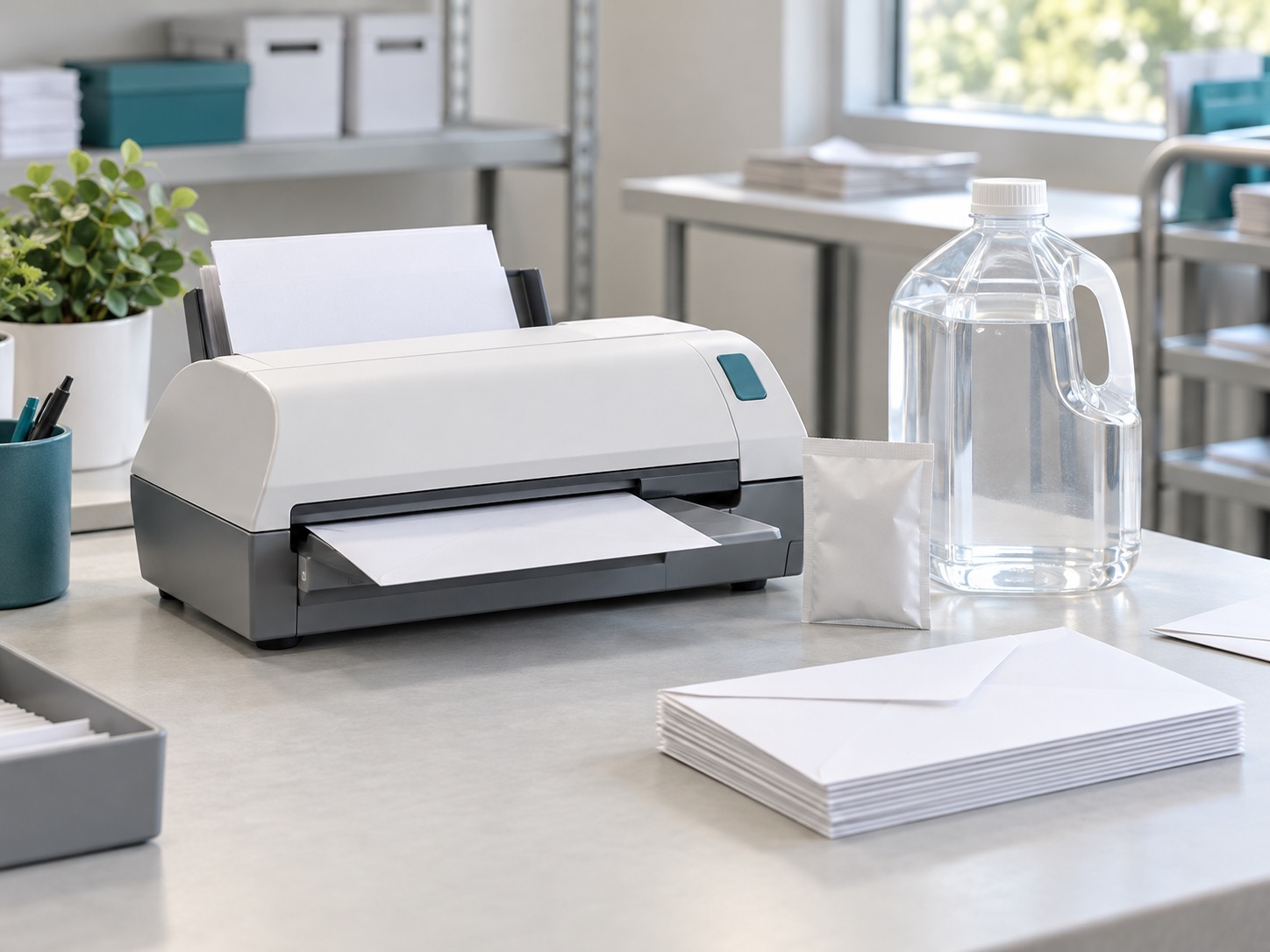 Illustrative mailroom equipment, envelopes and mixing water
